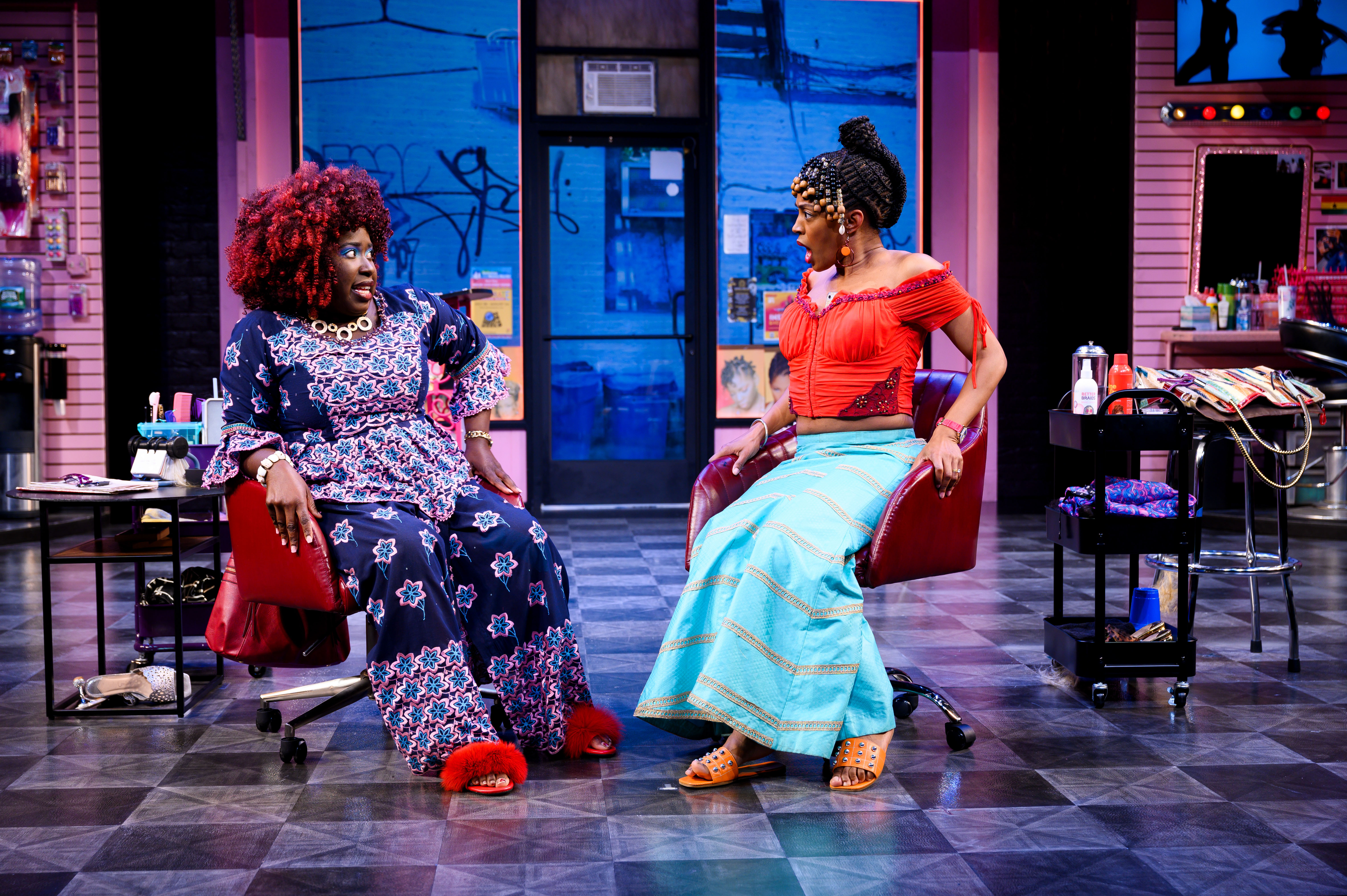 3 Awa Sal Secka (Bea) and Tiffany Renee Johnson (Aminata) in Jaja's African Hair Braiding. (Photo by Ben Krantz Studio/Berkeley Rep)