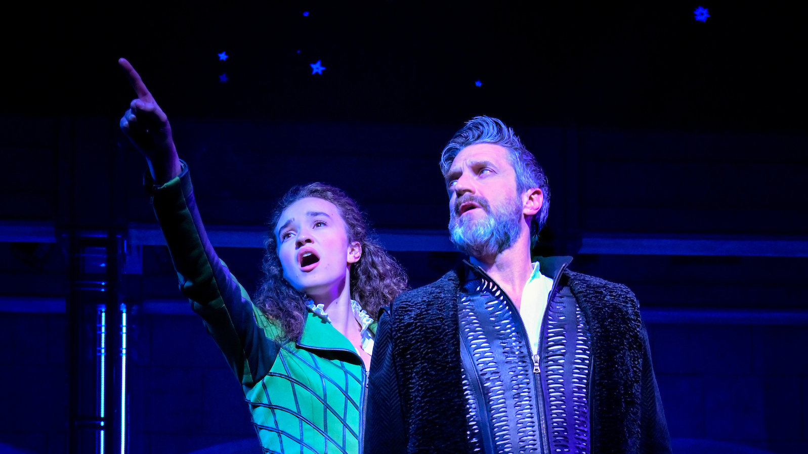 Madalynn Mathews (Virginia Galilei) and Raúl Esparza (Galileo Galilei) in the world premiere of Galileo: A Rock Musical. (Photo by Kevin Berne/Berkeley Rep)