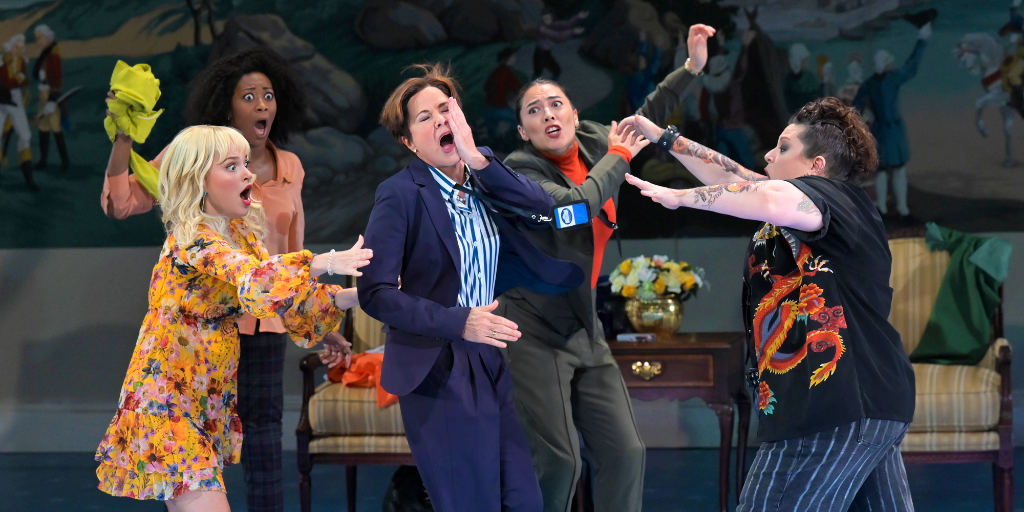 Stephanie Styles (Dusty), Dominique Toney (Chris), Deirdre Lovejoy (Harriet), Kim Blanck (Jean), and Allison Guinn (Bernadette) in Selina Fillinger's POTUS. (Photo by Kevin Berne/Berkeley Rep)