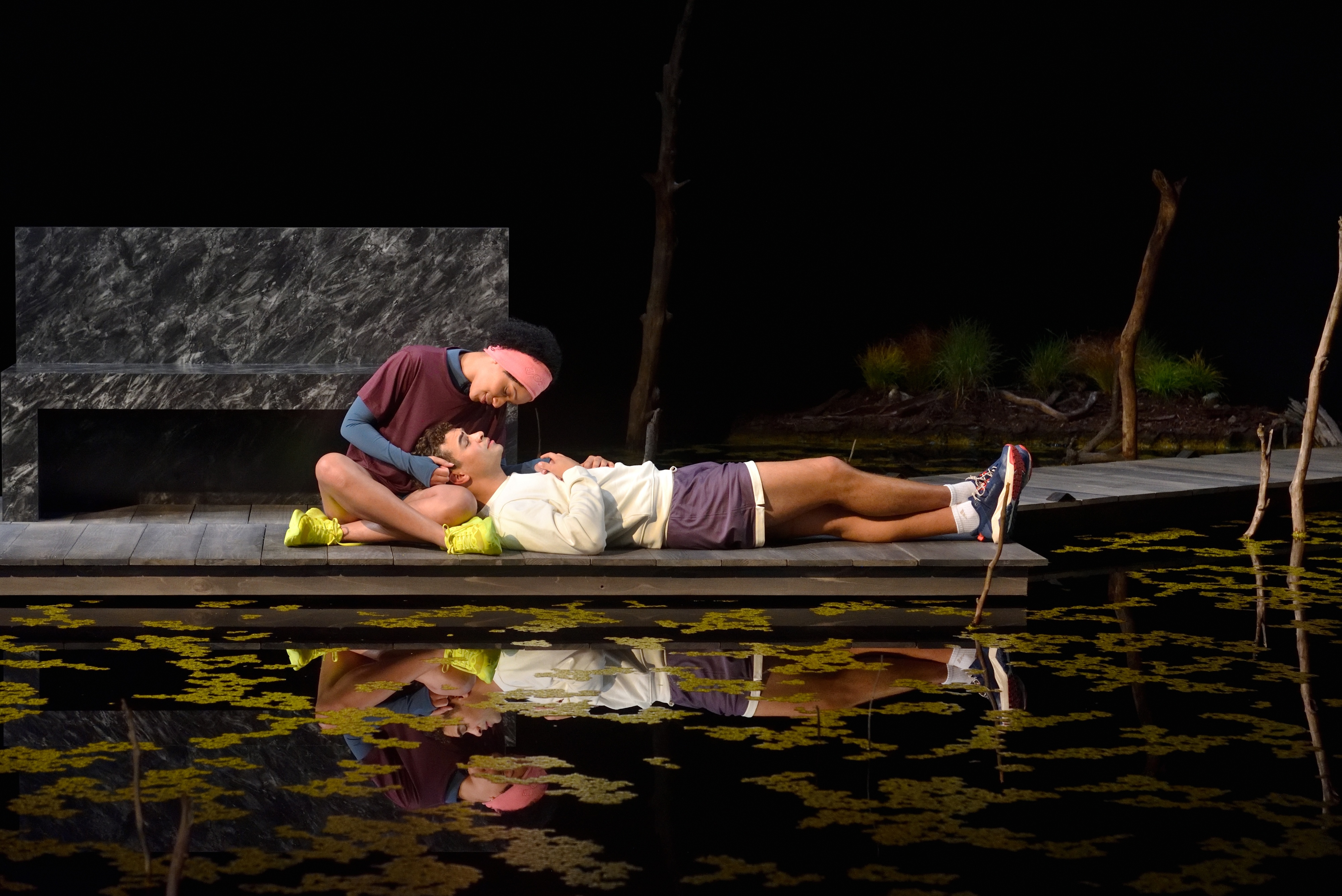 4 Laakan McHardy (Young Woman) and Daniel Croix (Young Man) in the world premiere of Jiehae Park’s the aves. (Photo by Knud Adams/Berkeley Rep)