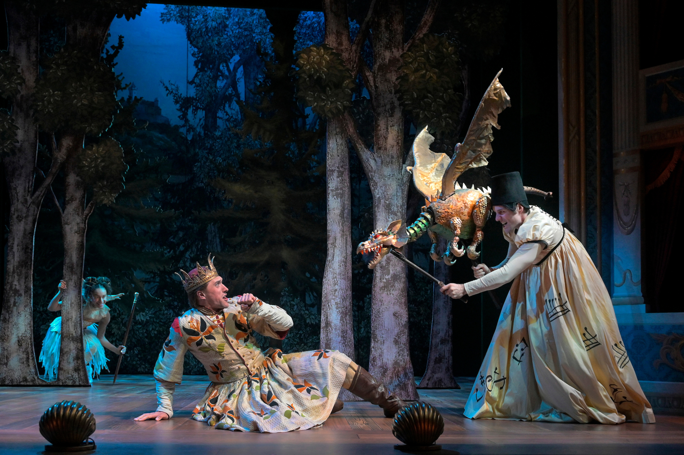 1 Reese Parish (The Spirit), Billy Rude (Tamino), and Russell Mernagh (Monostatos, Armored Guard) in The Matchbox Magic Flute. (Photo by Alessandra Mello/Berkeley Rep)
