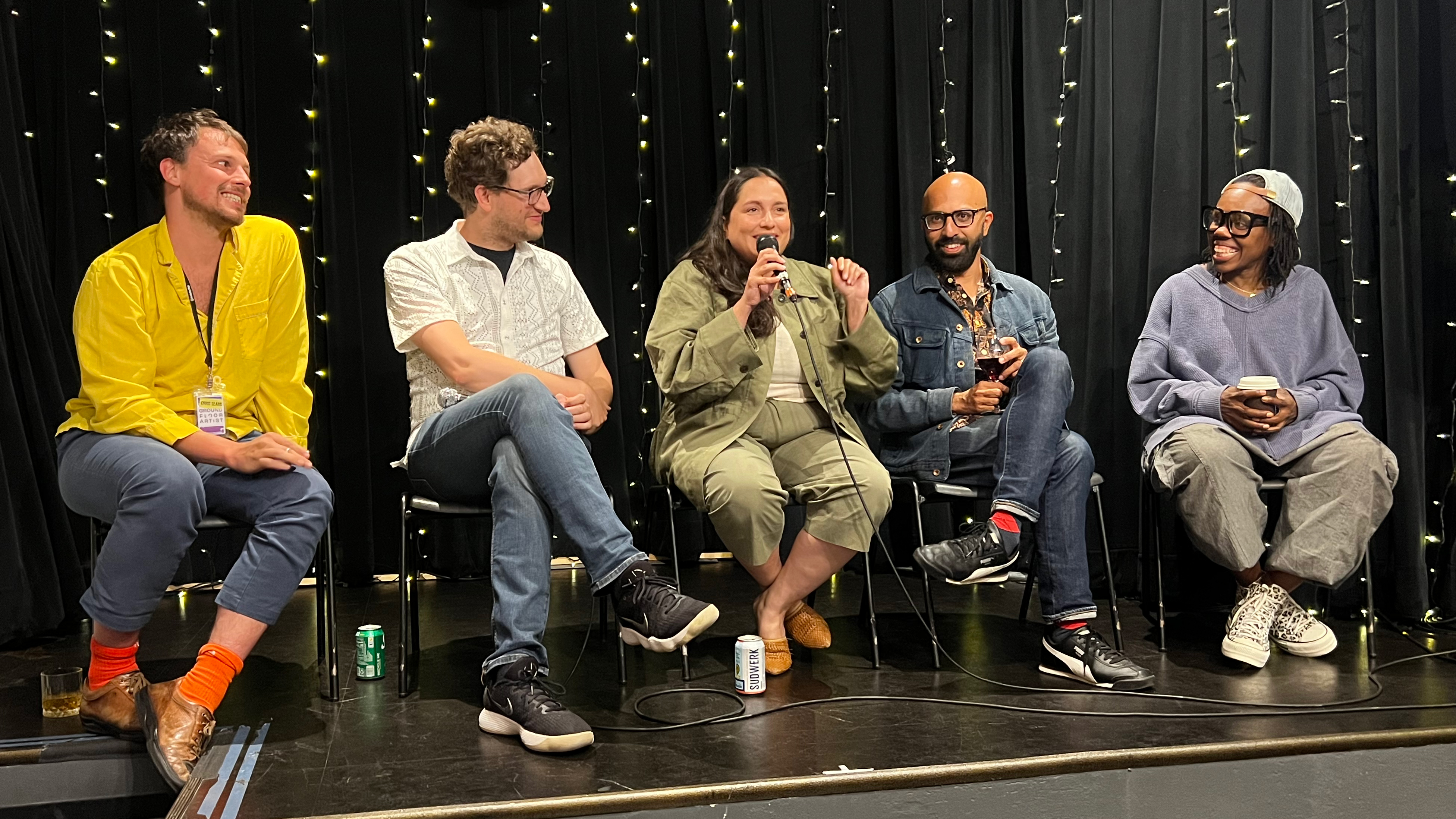 Christopher Sears, Dean Linnard, Jaclyn Backhaus, Ritesh Batra, and Ngozi Anyanwu at Ground Floor Community Salon artist sharing 2024 (photo by Beatriz Hernandez/Berkeley Rep)