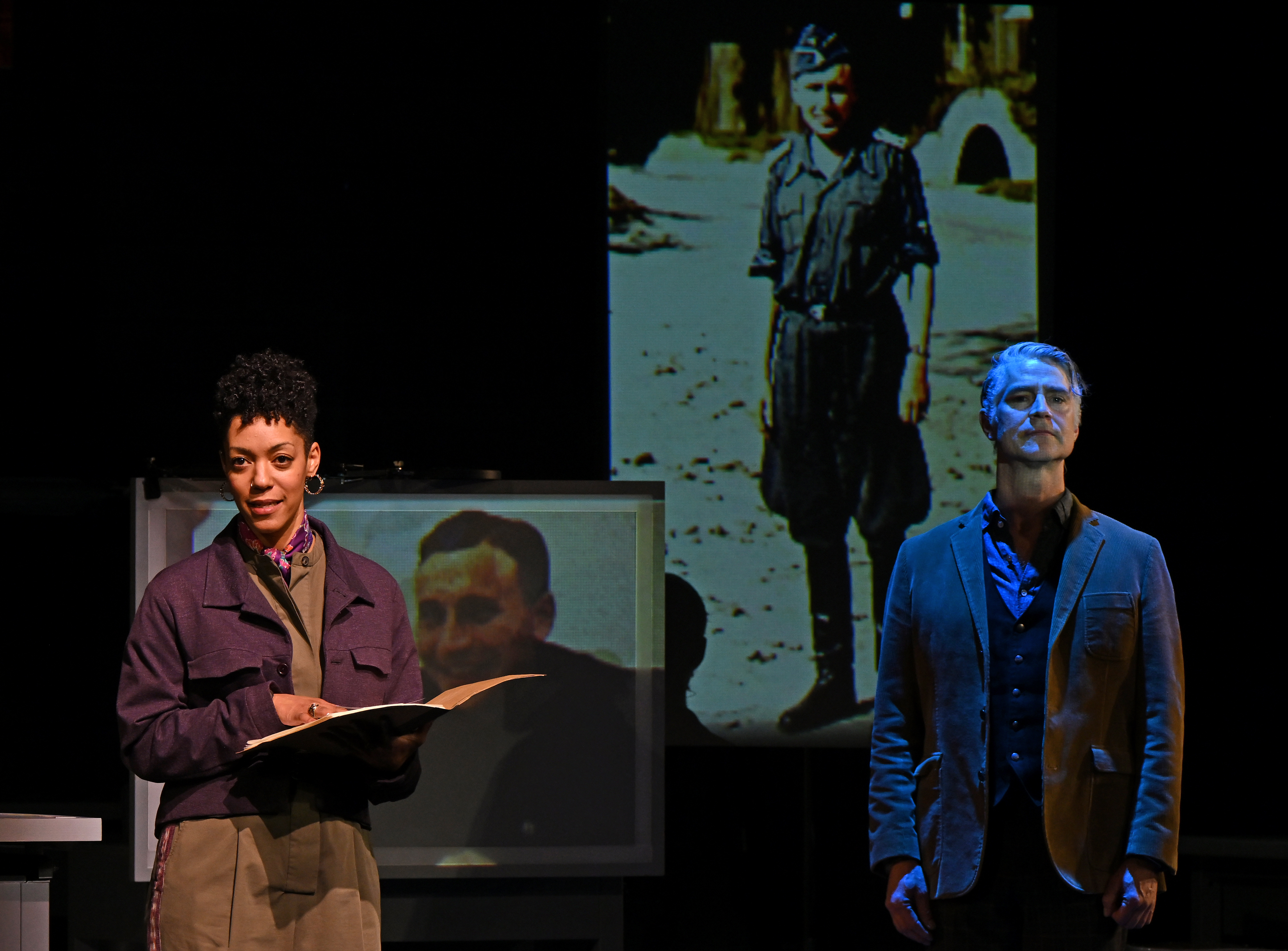 4 Nemuna Ceesay (Charlotte Schünzel and Others) and Scott Barrow (Karl Höcker and Others) in Here There Are Blueberries. (Photo by Kevin Parry Photography/Berkeley Rep)