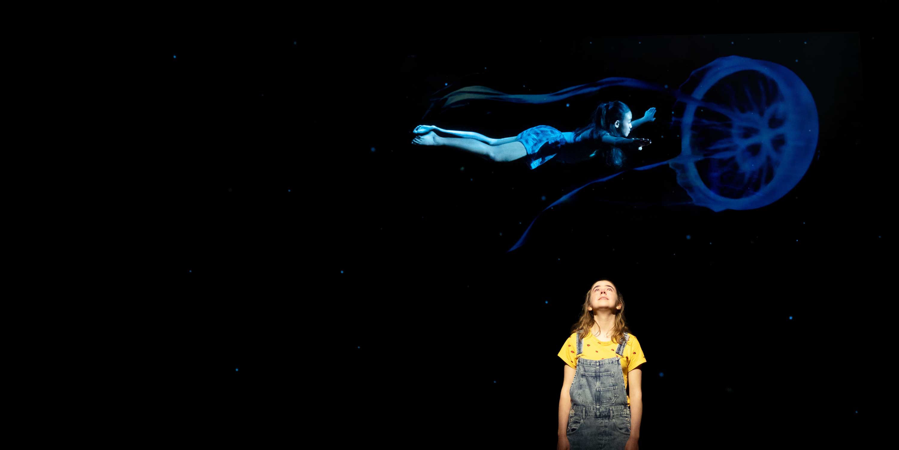 Kayla Teruel (top) and Matilda Lawler in the world premiere of The Thing About Jellyfish. (Photo by Julieta Cervantes/Berkeley Rep)