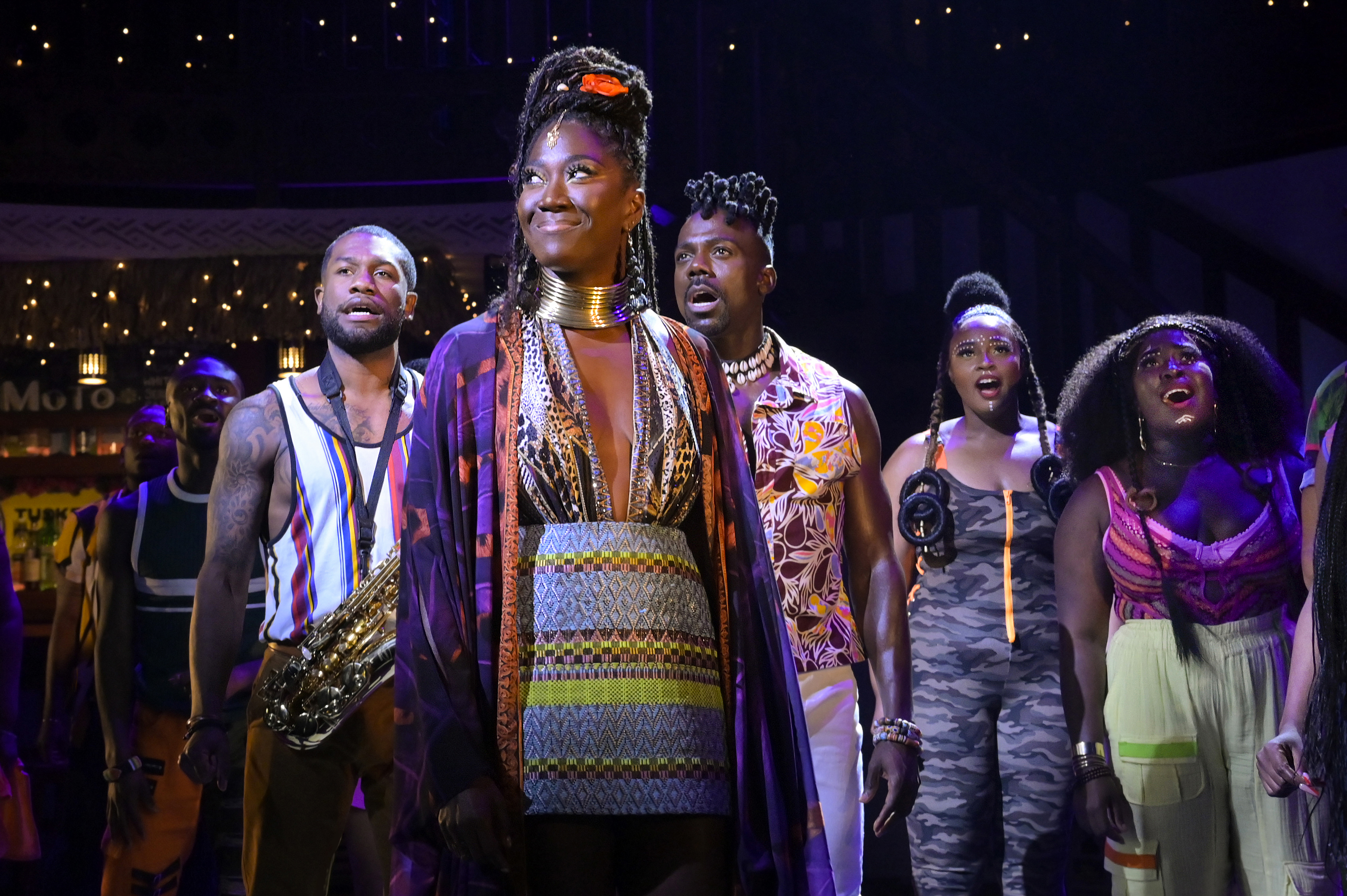 6 (front) Amber Iman; (l to r) Zachary Downer, Phillip Johnson Richardson, Rodrick Covington, Melessie Clark, and Awa Sal Secka in Goddess. (Photo by Kevin Berne and Alessandra Mello/Berkeley Repertory Theatre)