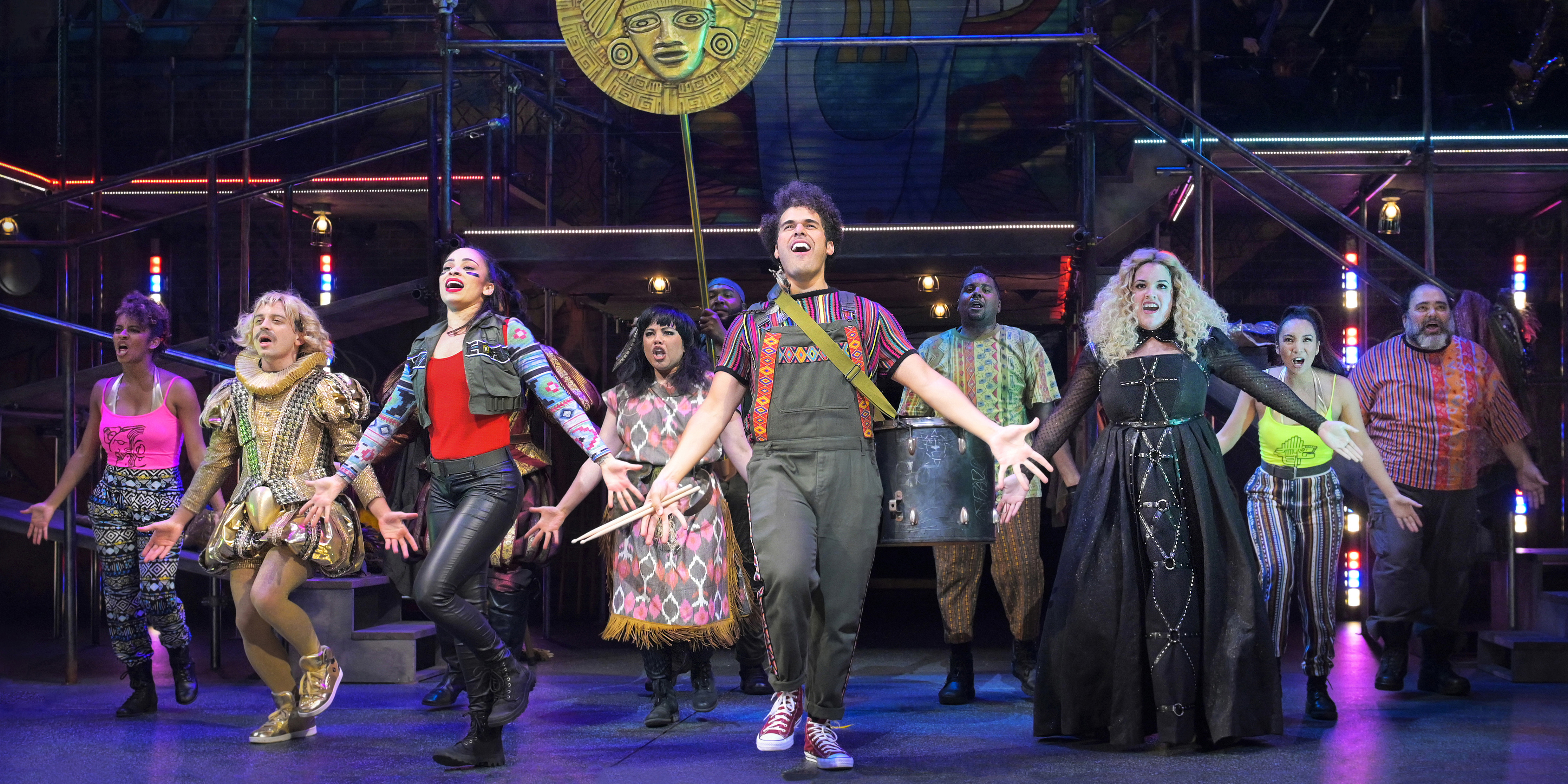 Angelica Beliard, Zachary Infante, Yani Marin, Maria-Christina Oliveras, Chad Carstarphen, Joél Pérez, Jesús E. Martínez, Desiree Rodriguez, KC de la Cruz, and Richard Henry Ruiz in Kiss My Aztec! (photo by Alessandra Mello/Berkeley Repertory Theatre)