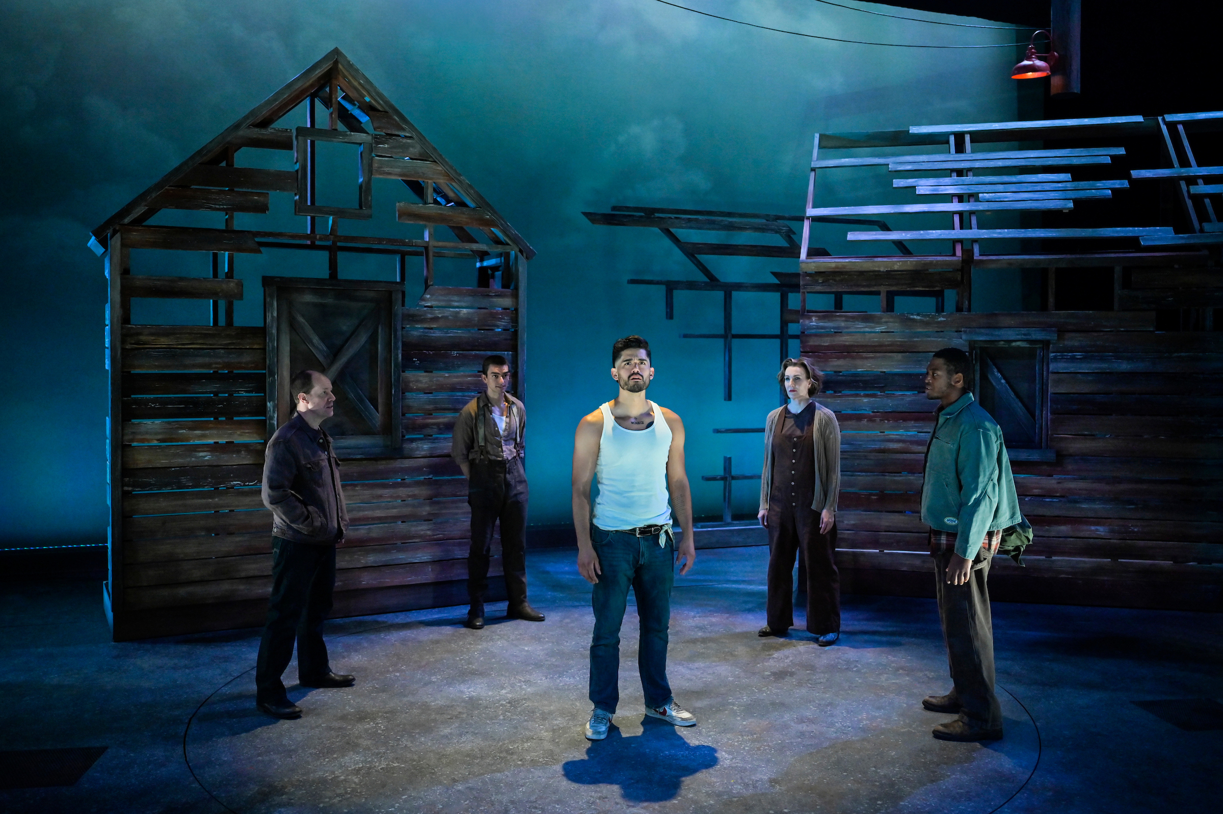 17 (l to r) Michael Moreland Milligan (Roger), Benny Wayne Sully (Curtis), Emilio Garcia-Sanchez (Martín Jodes), Courtney Walsh (Ivy), and Branden Davon Lindsay (James) in Mother Road. (Photo by Kevin Berne/Berkeley Rep)
